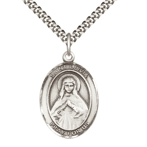 Oval .925 Sterling Silver Saint Olivia Medal Pendant on 24 inch Rhodium Plated Heavy Curb Brass Chain with Lobster Claw clasp, Catholic Religious Necklace -Made in USA- Deluxe Velvet Gift Box