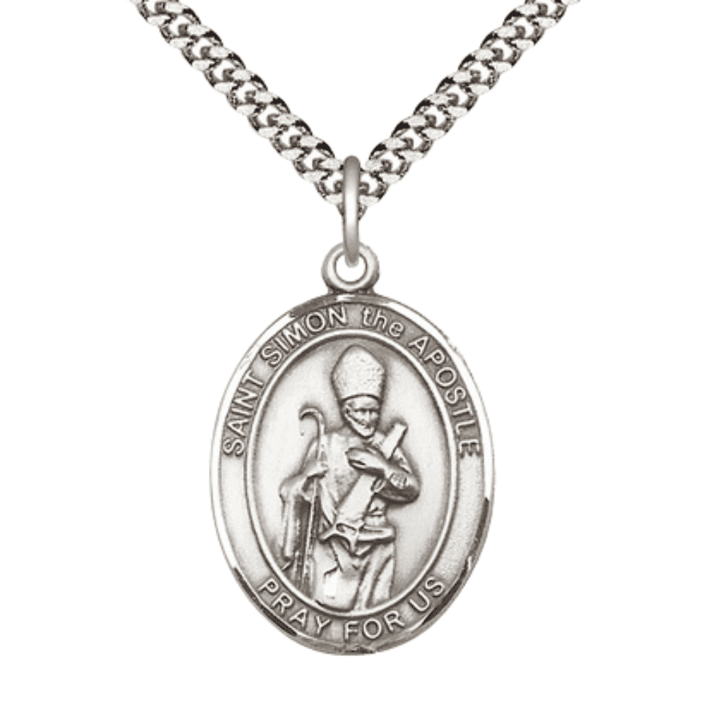 Oval .925 Sterling Silver Saint Simon Medal Pendant on 24 inch Rhodium ...