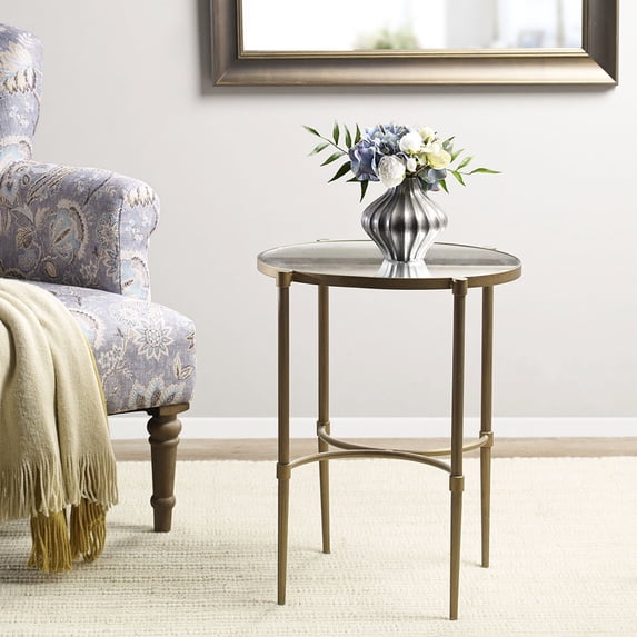 Oval Accent Table With Mirror Top And Antique Bronze Metal Base For Decorative Use Elegant Surface Decor
