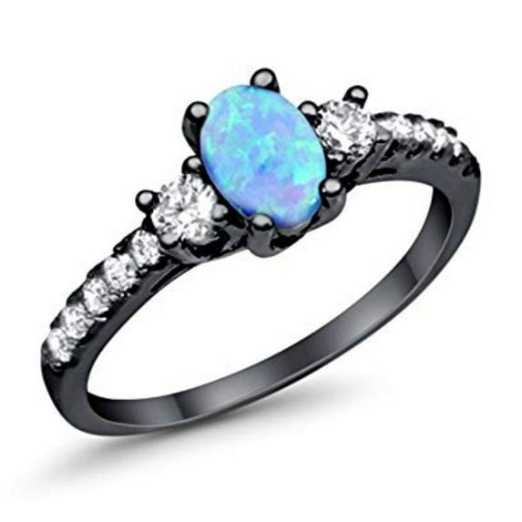 Oval Accent Wedding Ring Black Tone Lab Created Blue Opal 925 Sterling Silver Size 10