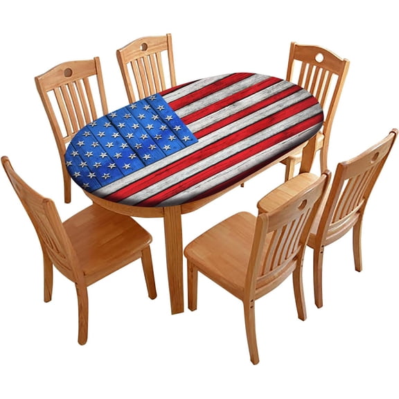Oval American Flag Tablecloth, American Flag on Wooden Independence Day Fitted Elastic Edge Cover, for Indoor Dining, Outdoor Picnic Parties, Camping Use, Fits to 48x68 in Table