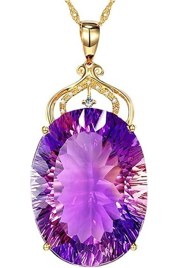 Oval Amethyst Purple Crystal Birthstone Gemstone Necklace For Women,Gold Color Chain