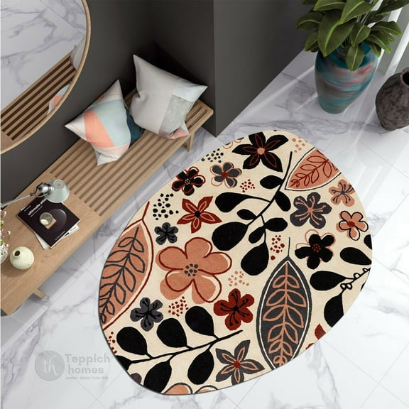 Oval Area Rug, Beige Carpet 5X7, Bedroom, Hallway, Handmade Woolen Rugs, Floral Design