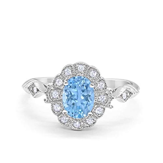 Oval Art Deco Bridal Ring Aquamarine CZ 925 Sterling Silver Size 5
