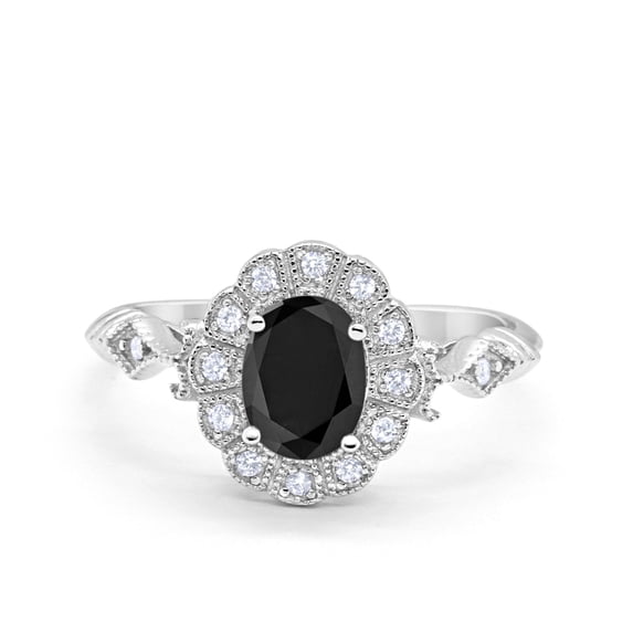 Oval Art Deco Bridal Ring Black CZ 925 Sterling Silver Size 7