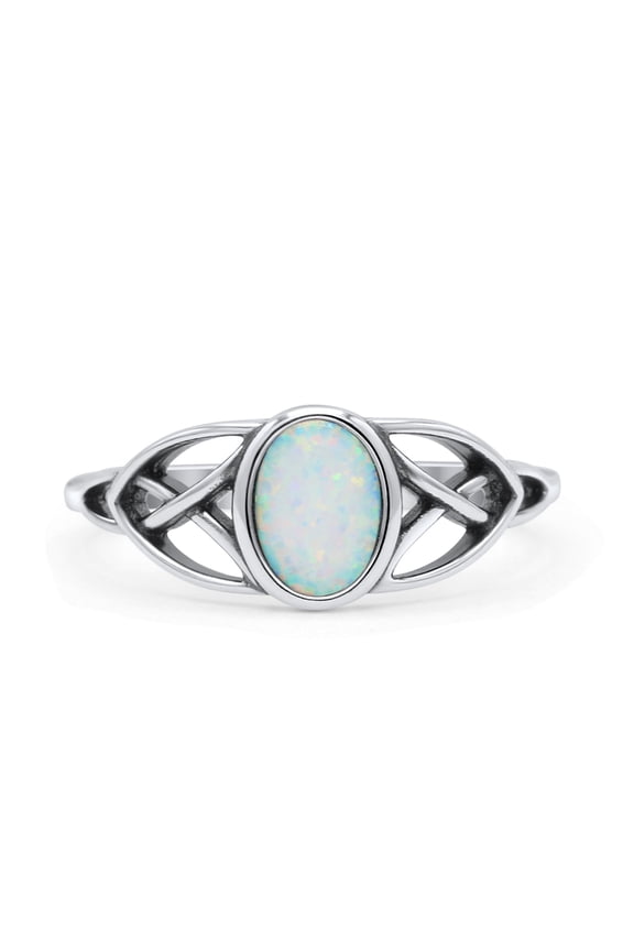 Oval Art Deco Celtic Band Ring Lab Created White Opal Ring 925 Sterling Silver Size 5