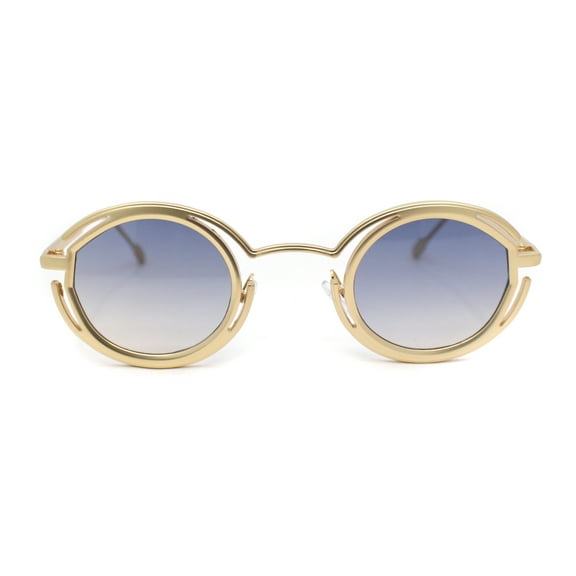 Oval Art Deco Geometric Design Metal Rim Retro Sunglasses Gold - Navy