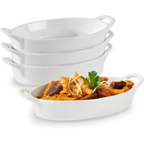 Oval Au Gratin Baking Dishes for Oven Safe and Microwave Cooking and Baking, 4 count. Set,  Ceramic with Handles for Serving, Small Mini Casserole Dish, 8" x 5", 16 oz, White