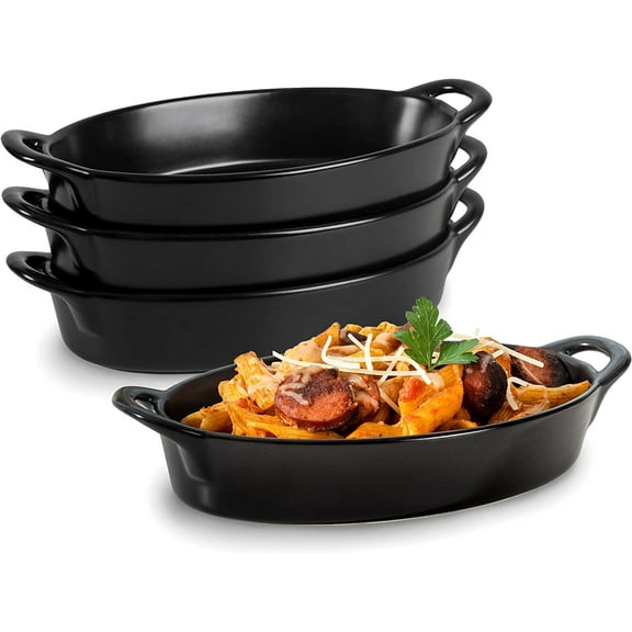 Oval Au Gratin Baking Dishes for Oven Safe and Microwave Cooking and Baking, 4 Pc. Set, Heat Resistant Ceramic with Handles for Serving, Small Mini Casserole Dish, 8" x 5", 16 oz, Matte Black
