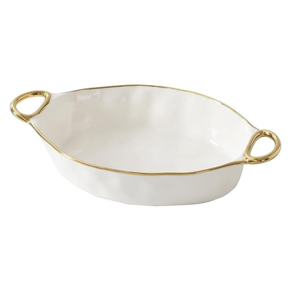 Oval Baking Dish with Golden Handles - 16x9x3 Inch White Porcelain Baker - Kitchen Dish for Serving Entrees & Sides - Oven Safe to 500F - Gift Idea