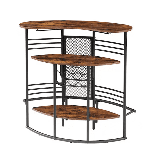 Oval Bar Table with Wood Counter Top and Wine Rack Storage, Wine Bakers Rack for Dining Room, Brown