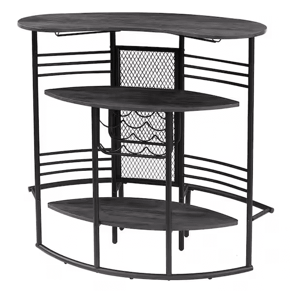 Oval Bar Table with Wood Counter Top and Wine Rack Storage, Wine Bakers Rack for Dining Room, Gray