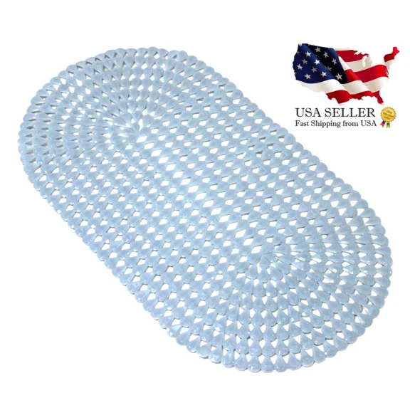 Oval Bath Mat With Pear Shape Diamond Design Anti-Slip Suction Shower Lt Blue