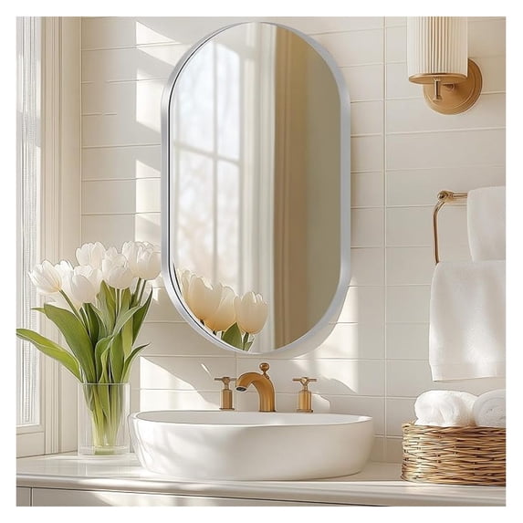 Oval Bathroom Medicine Cabinet with Mirror, 34”x20” Recessed Medicine Cabinet for Bathroom with Beveled Edge Mirror, Silver