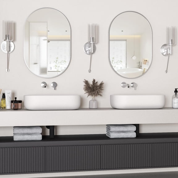 Oval Bathroom Mirror Set 20"L x 30"W 2 Pieces Silver Metal Frame Wall Mounted Vanity Mirror