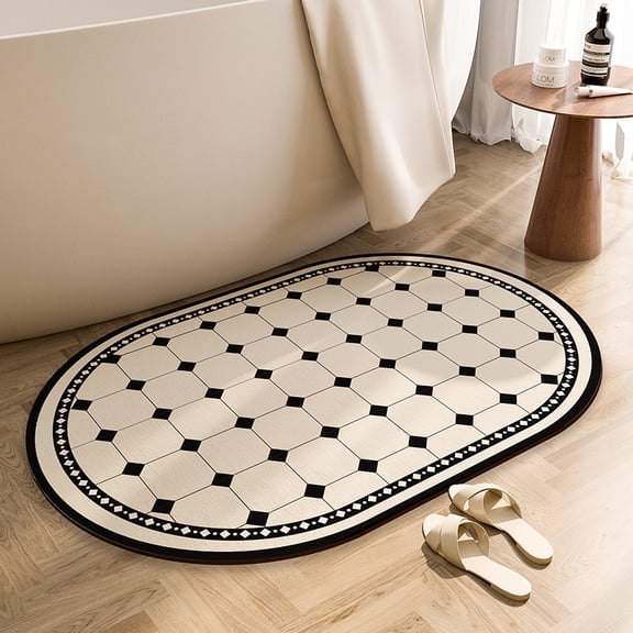 Oval Bathroom Rug 16 x 24 Inch Non Slip Geometric Bath Mat, Soft Tech Fabric Floor Mat for Bathroom, Shower, Entryway & Bedroom