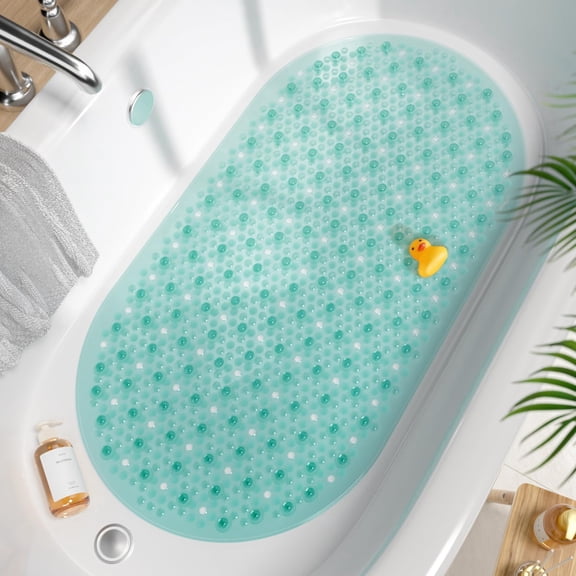 Oval Bathtub Mat Non Slip, 27x15 Inch Bubble Bath Tub Mat for Bathroom, Machine Washable Shower Mat with Suction Cups and Drain Holes, Green