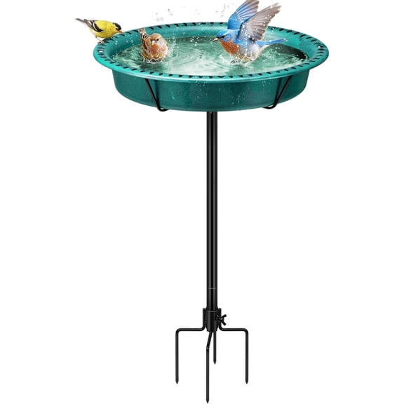Oval Bird Bath for Outside, Outdoor Birdbath Bowl with Metal Ground Stake, Weather-Resistant ABS Bird Bath and Feeder for Garden, 1.3 Gallons, Green