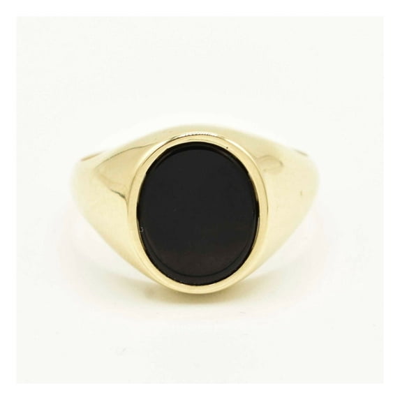 Oval Black Enamel Shiny Signet Unisex Adult Ring 10K Yellow Gold, 3.67 Gr - GOLDUM NYC