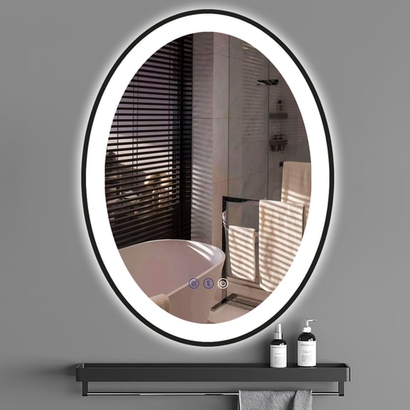 Oval Black Frame Vanity LED 32"x24" Mirror with 3 Color Lights for Bathroom Wall Black Oval Lighted Mirror Anti-Fog Dimmable Light up Vanity Mirror with Lights
