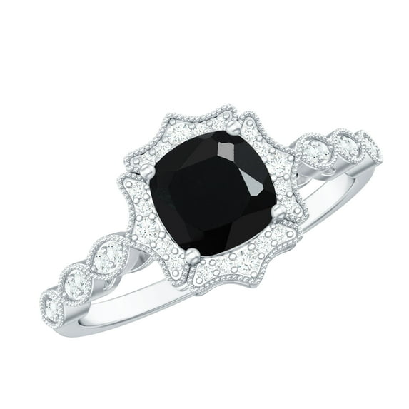 Rosec Jewels Cushion Cut Black Onyx Engagement Ring 2 Ct - 8mm - AAA Quality - Vintage Style Black Onyx Diamond Ring, 18K White Gold, US 5.00