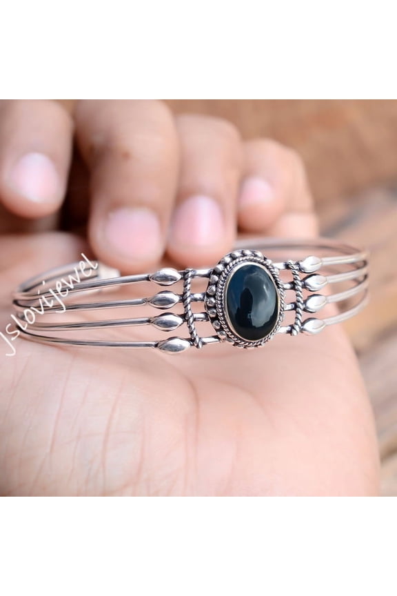 Oval Black Onyx Silver Cuff Bangle, 925 sterling silver Daily Wear Bracelet