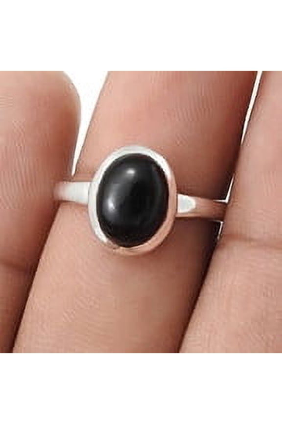 Oval Black Onyx Stone 925 Sterling Silver Promise Band Bezel Ring Jewelry Size 7