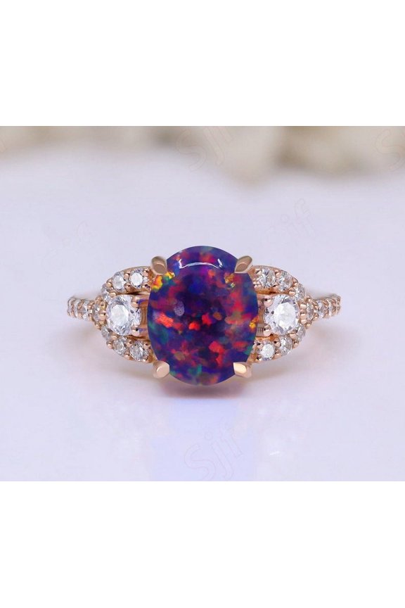 Oval Black Opal Gemstone Engagement Ring Vintage Art deco Bridal Moissanite Ring 14K Rose Gold 925 Silver Ring Promise Ring For Love