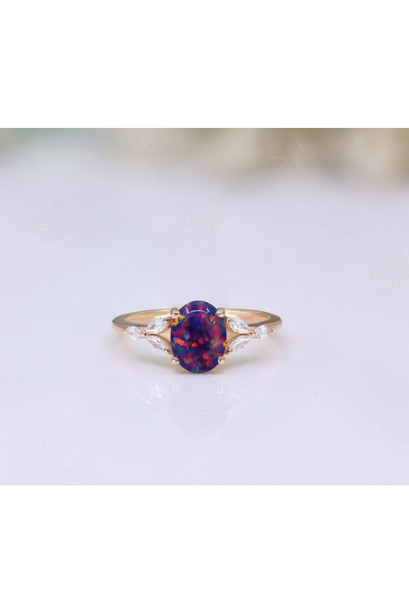 Oval Black Opal Gemstone Engagement Ring Vintage Art deco Bridal Moissanite Ring 14K Rose Gold Plated 925 Silver Ring Promise Ring For Love