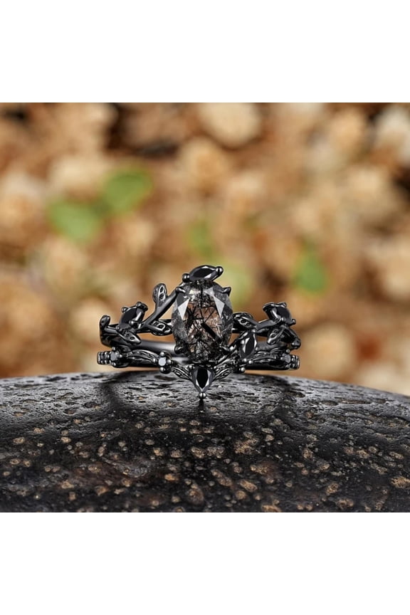 Oval Black Rutilated Quartz Wedding Ring Set- 14K Black Gold Vermeil- Diamond Bridal Ring Natural Inspired Leaf Stacking Promise Rings For Women