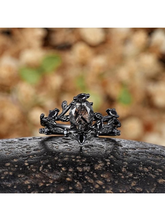 Oval Black Rutilated Quartz Wedding Ring Set- 14K Black Gold Vermeil- Diamond Bridal Ring Natural Inspired Leaf Stacking Promise Rings For Women