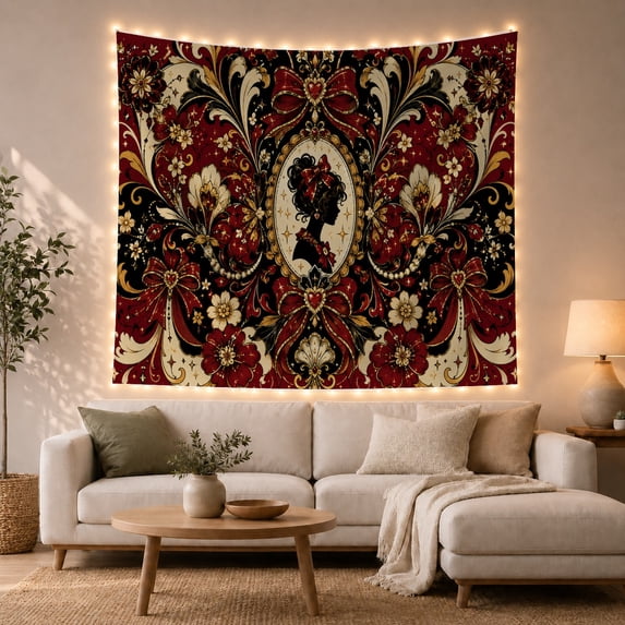 Oval Black Silhouette With Figure Profile Facing Adorned, Mystical Fantasy for Space Lovers, Galaxy Room Decor, Valentine's Day Gift, Tapestry Wall Hanging for Bedroom and Dorm