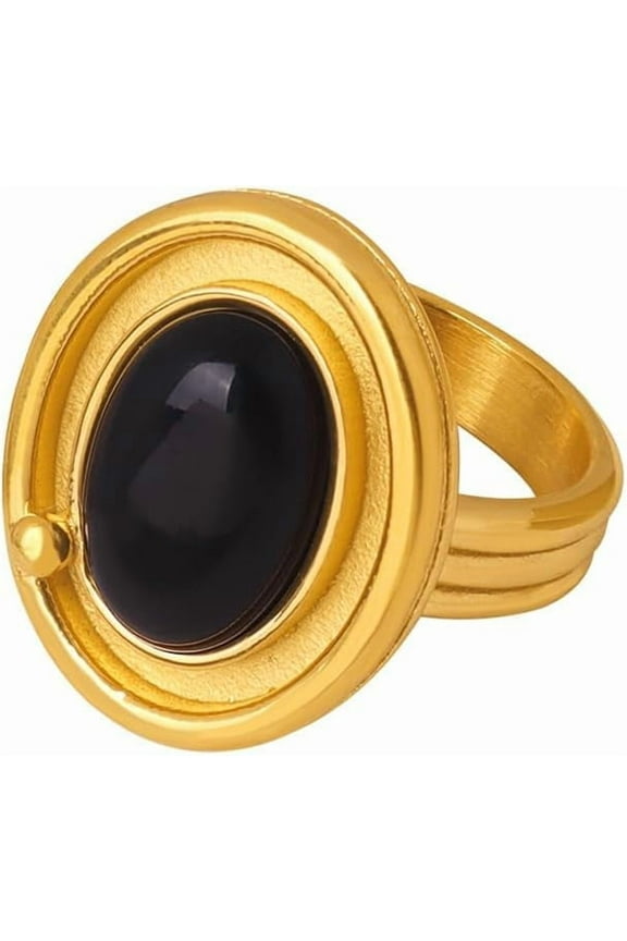 Oval Black Stone Statement Rings for Women Geometry Stainless Steel Round Disc Finger Bands Engagement Promsie Band Rings Dainty Jewelry