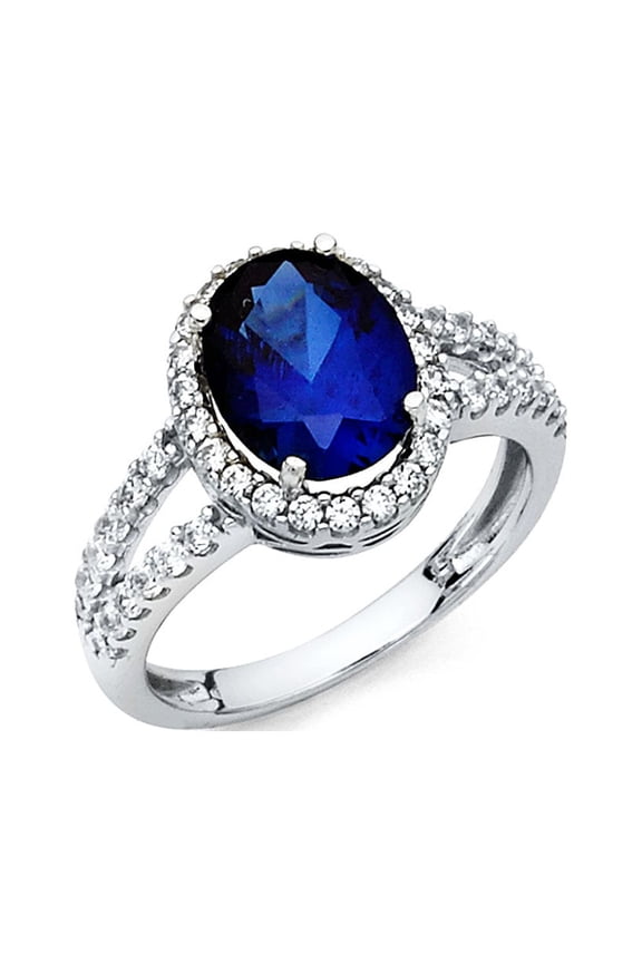 Oval Blue CZ Halo Engagement Ring 14k White Gold Anniversary Solitaire Halo CZ Band Side Stones Size 6