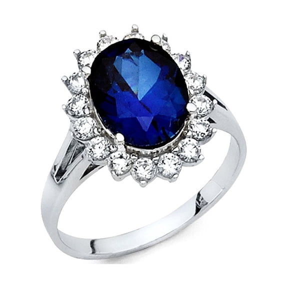 Oval Blue CZ Halo Engagement Ring 14k White Gold Anniversary Solitaire Royal Blue CZ Halo Band, Size 6