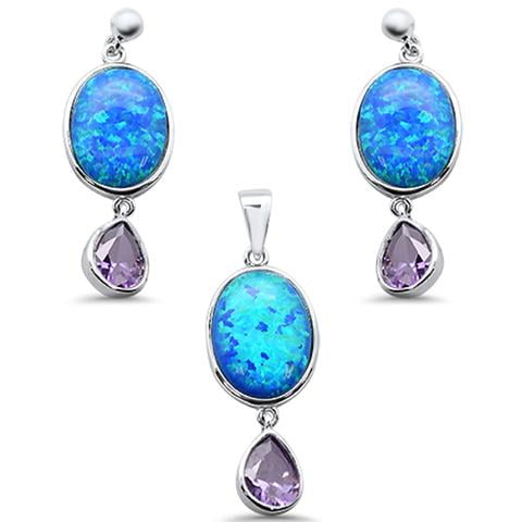 Oval Blue Opal & Pear Amethyst .925 Sterling Silver Pendant & Earring Set