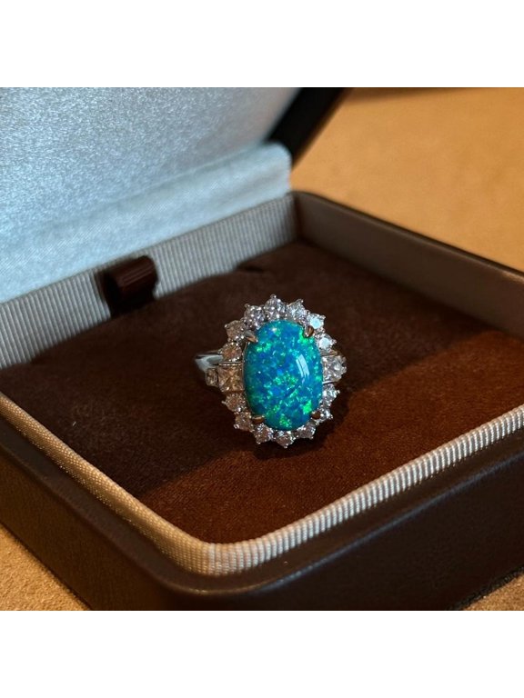 Oval Blue Opal Ring with Moissanite Halo, 925 Sterling Silver Galaxy Opal Ring, Victorian Style Prom Ring, Teardrop Blue Green Stone Ring