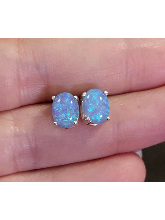 Oval Blue Opal Sterling Silver Earrings OBOSSE