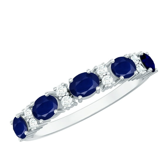 Rosec Jewels Blue Sapphire Half Eternity Wedding Ring for Women - Natural Blue Sapphire Diamond Ring - with Jewelry Box, 18K White Gold, US 9.00