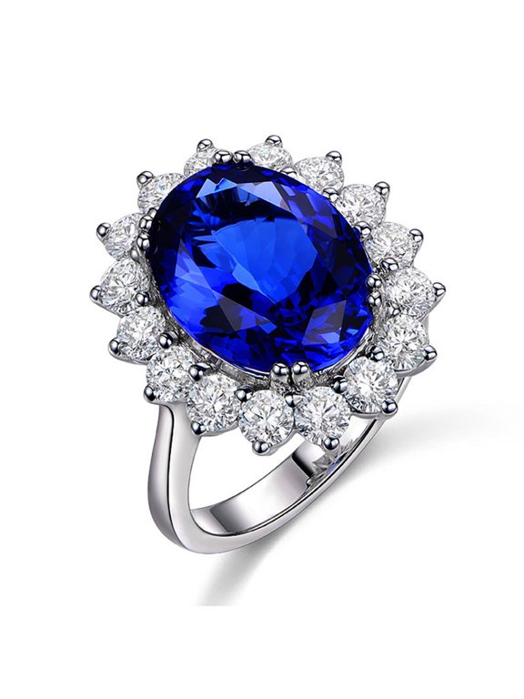 Oval Blue Sapphire Halo Ring for Women, Sunflower Floral Paved Cubic Zirconia Cocktail Statement Ring, Luxury Vintage Wedding Engagement Jewelry