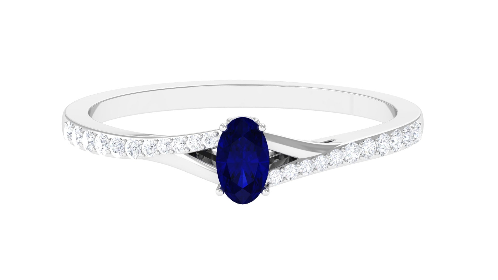 Oval Blue Sapphire Solitaire Ring with Diamond for Women, Split Shank ...