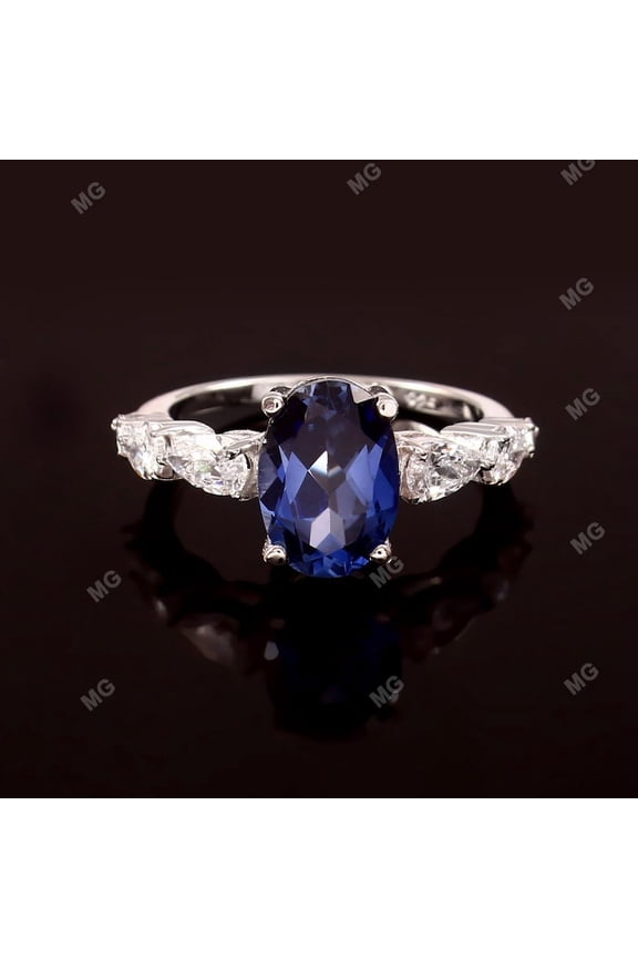 Oval Blue Sapphire ring Lab Sapphire Diamond Ring 925 Silver Five Stone Engagement Ring Sapphire & Diamonds Side Pear Moissanite Ring Gifts.
