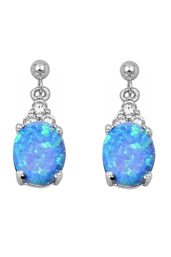 Oval Blue Simulated Opal Cubic Zirconia Dangling Earrings Sterling Silver