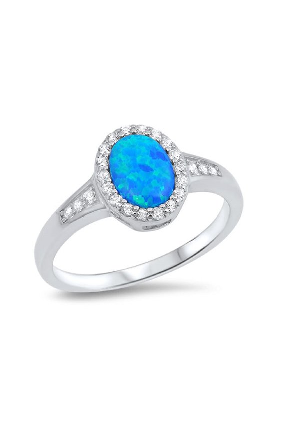Oval Blue Simulated Opal Cubic Zirconia Mystere Ring Sterling Silver