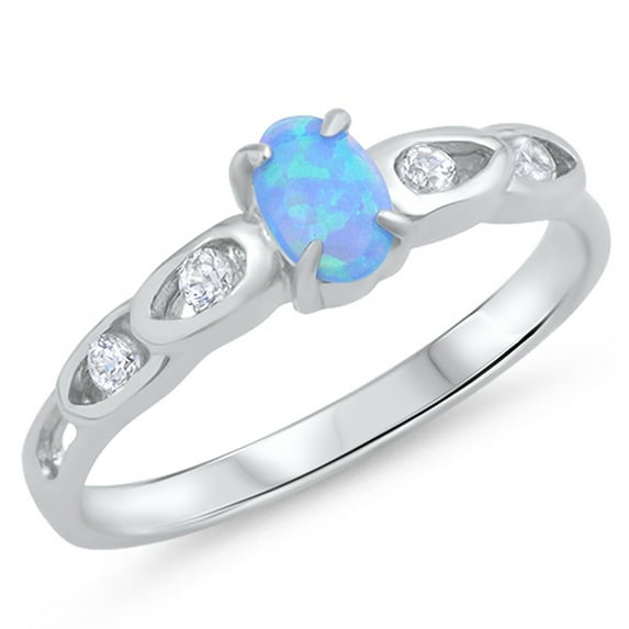 Oval Blue Simulated Opal Wholesale Vintage Ring .925 Sterling Silver Band White CZ Female Size 9