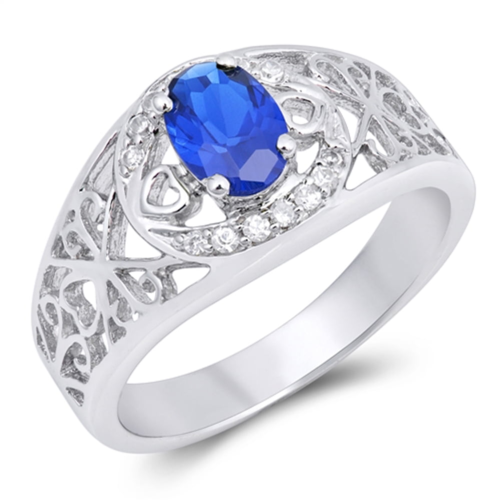 Oval Blue Simulated Sapphire Filigree Heart Ring .925 Sterling Silver ...
