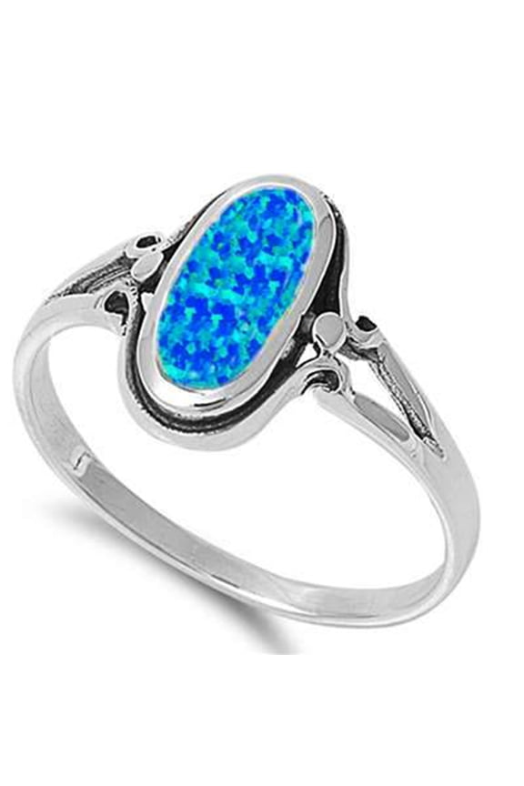 Oval Blue Synthetic Opal Unique Ring Sterling Silver Size 9