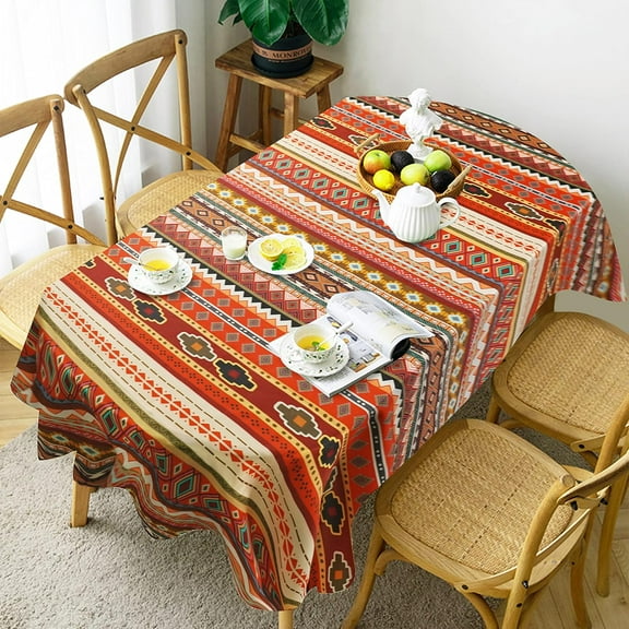 Oval Boho Tablecloth for Oval Table Covers, Wrinkle Free Bohemian Style Design Table Cloth for Dining Room, Tabletop Decoration , 54 x 72 Inch(Retro Colorful Pattern Print, Orange & Red)