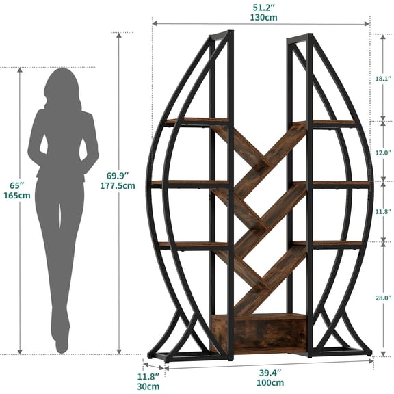 Oval Bookshelf, Triple Wide 5 Tier Etagere Bookcase, Industrial Display Shelves for Living Room, Bedroom, Home Office, Rustic Brown