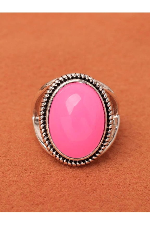 Oval Bright Pink Faux Gemstone Cocktail Ring With Silvertone Beaded Edge, Color 9